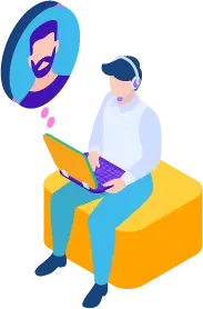 a man sitting on a yellow chair with a laptop